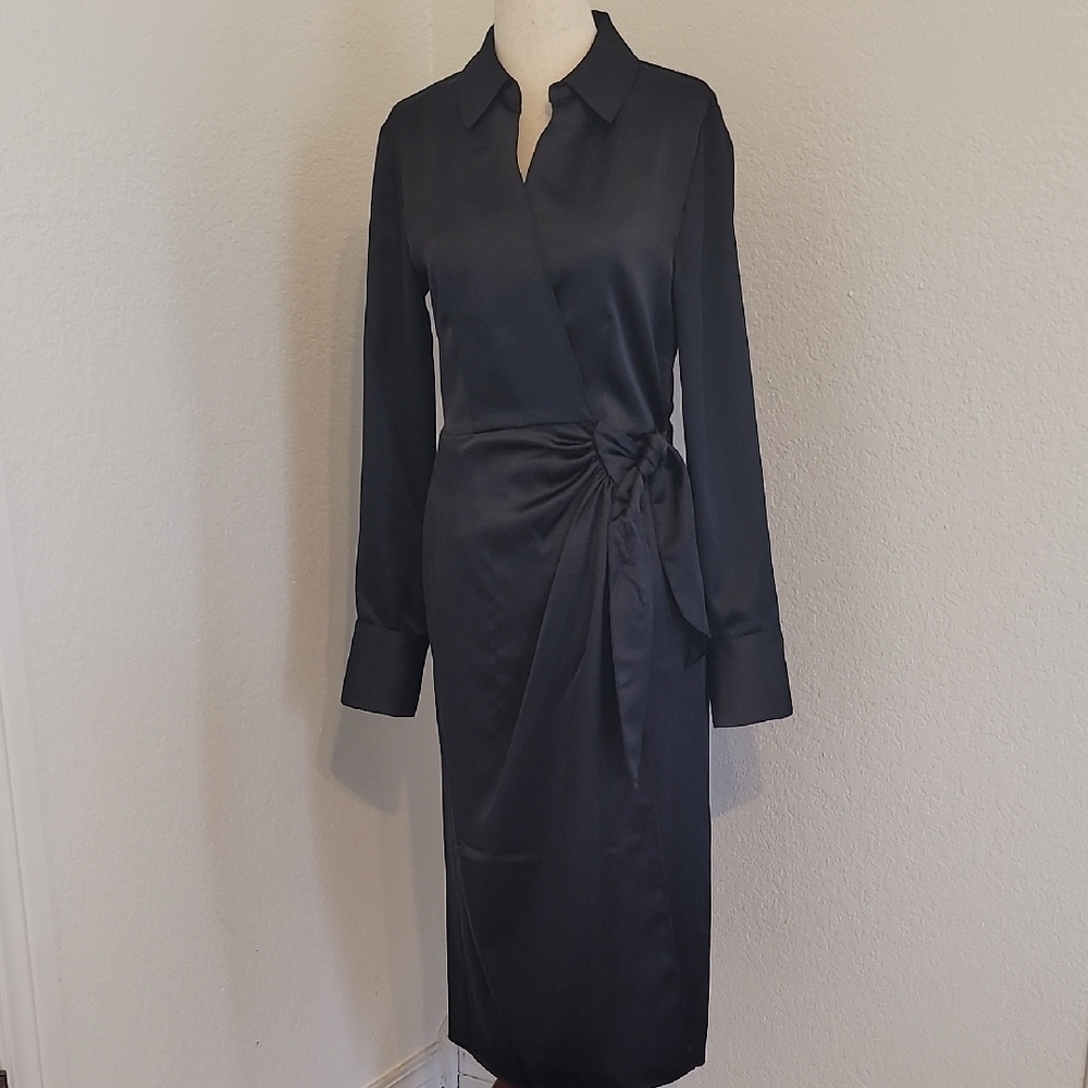 Sophisticated Black Satin Wrap Dress - Picture 4 of 9